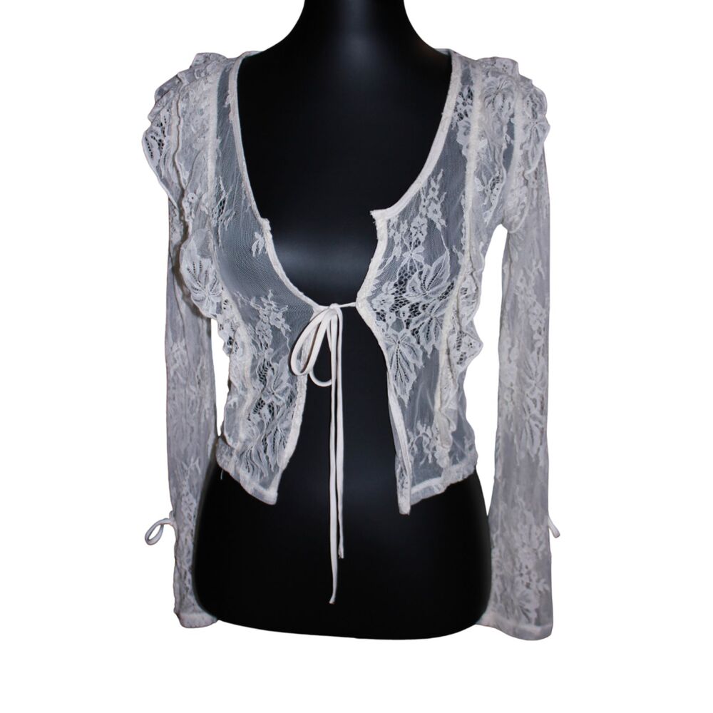Wild Fable Ivory Lace Ruffle Tie Front Long Sleeve Cardigan Top XXS